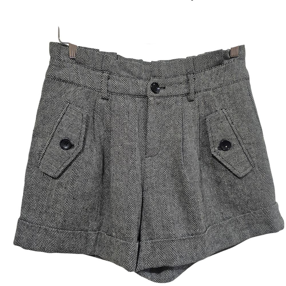 Dark Academia Herringbone Wool Blend Shorts High Waist Gray Medium